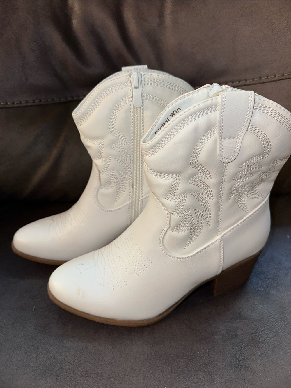 Global Win White Western Cowgirl Ankle Boots Youth 5.5Y Women’s 7 Side Zip